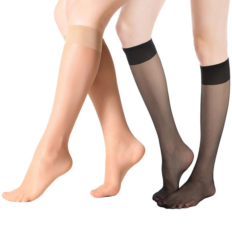 MANZI 12 Pairs Knee High Stockings Sheer Pantyhose for Women Natural with Black - Image 2